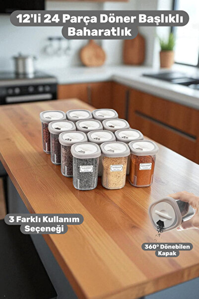 Buclee Lion 12'li 24 Parça Döner Başlıklı Baharatlık Takımı Mutfak Düzenleyic...