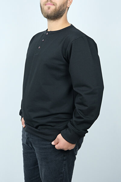 Raf Coll Men's Buttoned Crew Neck Knitted 30/100 Cotton Polyester Plus Size Sweatshirt