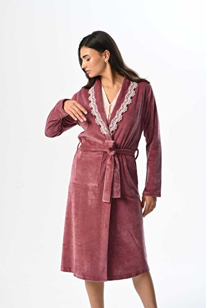 Lohussa Kadın Pembe Kadife Sabahlıklı Dantelli Kışlık Özel Tasarım Hamile Loh...