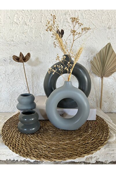 Zigzag Home Decorative Bohemian Style Ring Vase Set Candle Holder 4 Piece Set Anthracite Gray Color Trinket