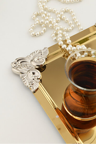 AKSESUAR EVRENİ Pietra Gold 1-Piece Decorative Stainless Steel 4-Corner Special Presentation Tray with Silver Flower Detail