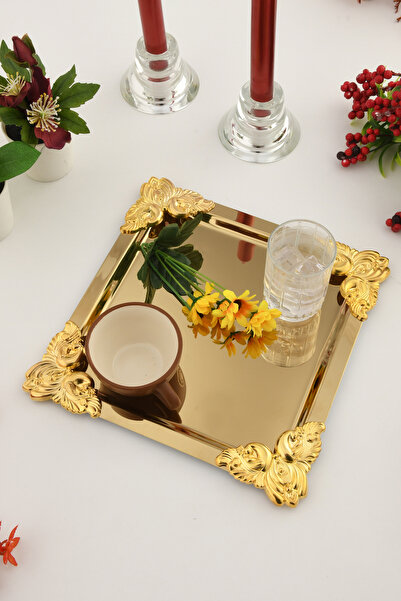 AKSESUAR EVRENİ Pietra Gold 1-Piece Decorative Stainless Steel 4-Cornered Special Presentation Tray with Gold Flower Detail