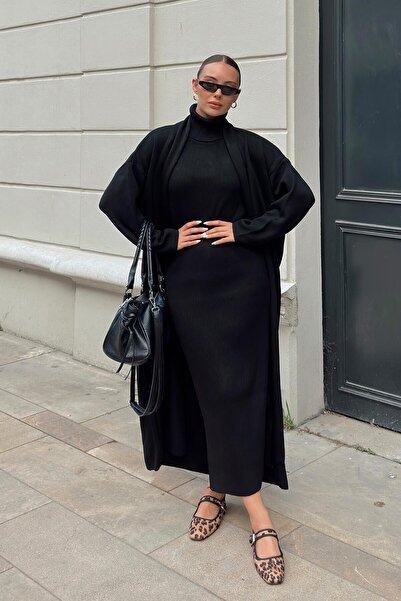 Swist Black Turtleneck Zero Sleeve Midi Dress-Cardigan Women's Knitwear Set