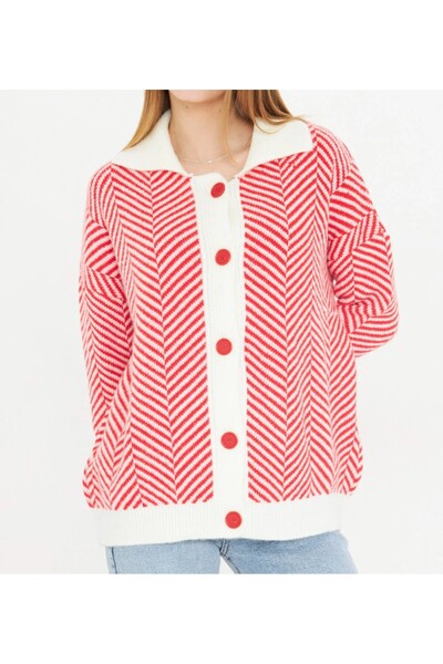 EsSo butik Women's Shirt Collar Striped Colorful Button Detailed Standard Size Oversize Knitwear Cardigan
