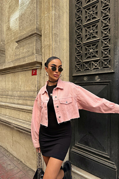 bacc Women's pink double pocket laser cut washed crop denim jacket bcdf-235408