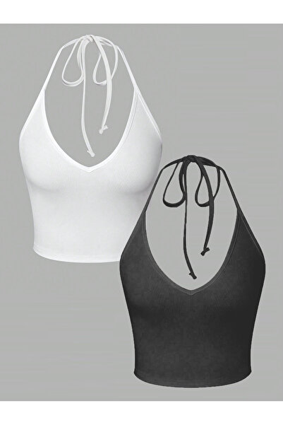 Liona 2 Li Paket V Yaka Siyah Antrasit Renk Desensiz Fitilli Kolsuz Boyun Ask...