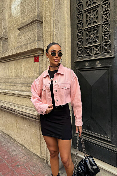 bacc Women's pink double pocket laser cut washed crop denim jacket bcdf-235408