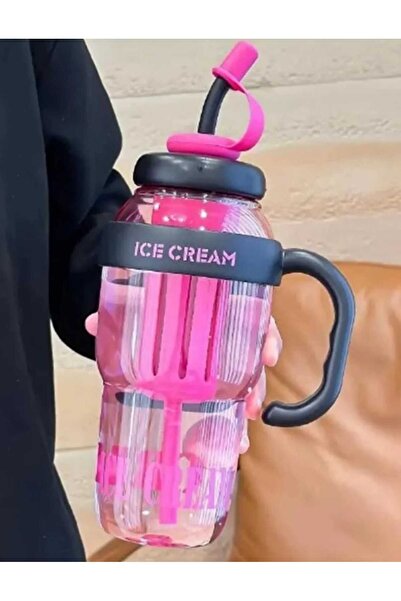 Home Ice Cream Designed Water Bottle with Straw 1.3 Liter Large Volume, Transparent Color Flask, Leak-Proof Lid