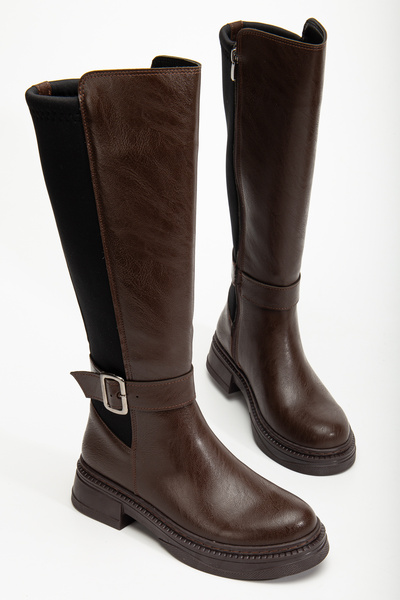 halabi moda حذاء نسائي بمشبك من الجلد باللون البني المر غير اللامع ومفصل من ا...