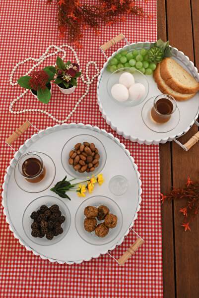 AKSESUAR EVRENİ Milano Set of 2 (37, 31 cm) White Presentation Metal Serving Tray Set Breakfast Wooden Cup Treat Holder