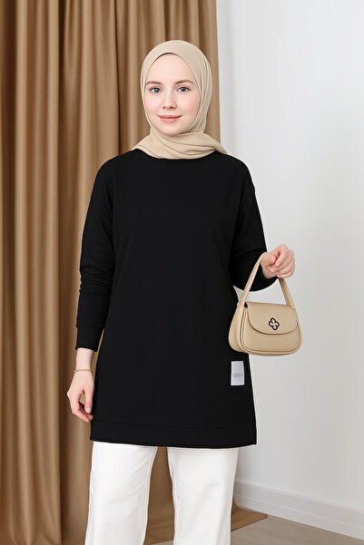 UnikaBoutigue Kadın Bisiklet Yaka Tesettür Yırtmaçlı Armalı Tunik Sweat Sweatshirt