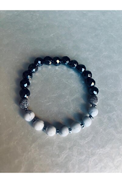 BS JEWELRY White Howlite and Hematite Natural Stone Bracelet Unisex