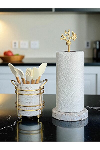 ferayhome Kitchen Accessory Spoon Rest and Paper Towel Holder White Marble Gold