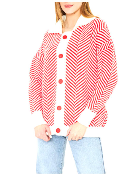 EsSo butik Women's Shirt Collar Striped Colorful Button Detailed Standard Size Oversize Knitwear Cardigan