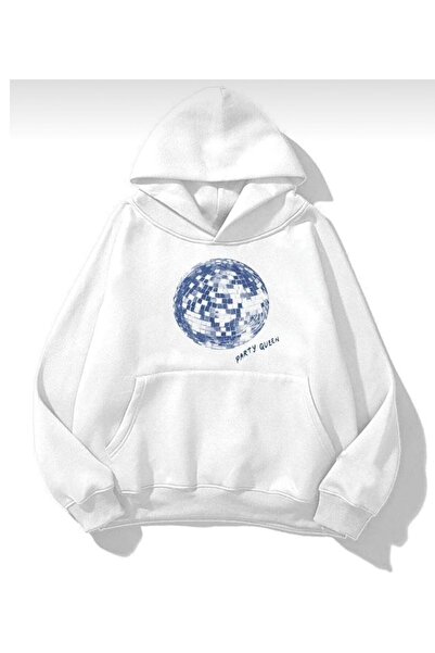 Elvino سويت شيرت أبيض كبير الحجم للسيدات مطبوع عليه Party Queen مزود بغطاء لل...