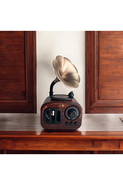 Sarego Gramafon Müzik Kutusu Eski Radyo Görünümlü Kurmalı Dönen Plak Dekoratif
