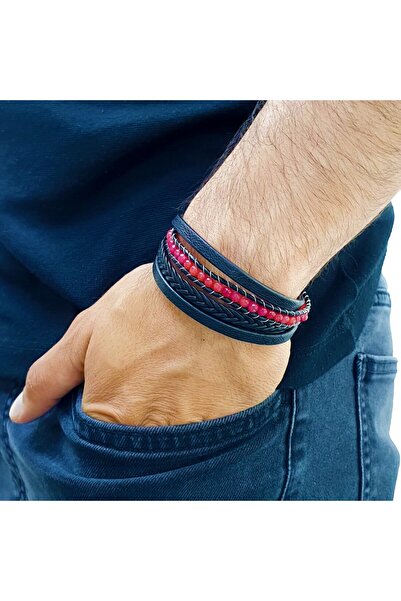 FM Faceted Red Agate Natural Stone and Leather Bracelet 31832B9D15