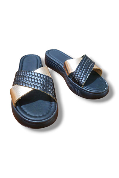 BARONES SHOES Genuine Leather Cross-Strapped High Sole Slippers