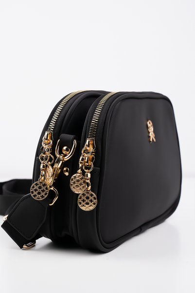 Les Crioch Women's Shoulder Bag Buzy Satin Leather 3-Compartment Adjustable Black Wallet Gifted Hand and Shoulder Bag
