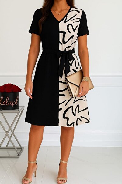 Modayakamoz Kadın Kısa Kollu V Yakalı çift Renkli Desenli Beli Kuşaklı Atlas Elbise