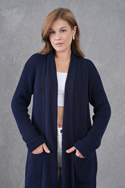 bayansepeti Navy Blue Knitwear Fabric Double Pocket Shawl Collar Long Navy Blue Cardigan 5001