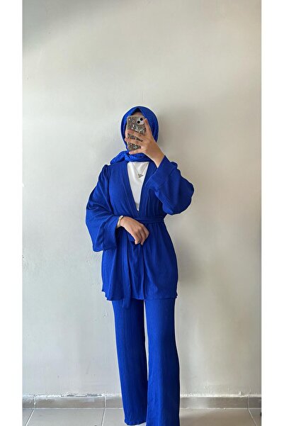 DİLEKBUTİK Saks Blue Bürümcük Kimono Pants Suit