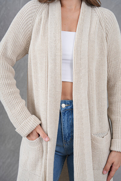 bayansepeti Κρεμ πλεκτό ύφασμα με διπλή τσέπη με γιακά σάλι μακριά κρεμ ζακέτα 5001