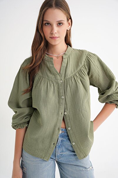 Mixray 4733 Women's Drawstring Robe Long Sleeve Muslin Shirt Çağla