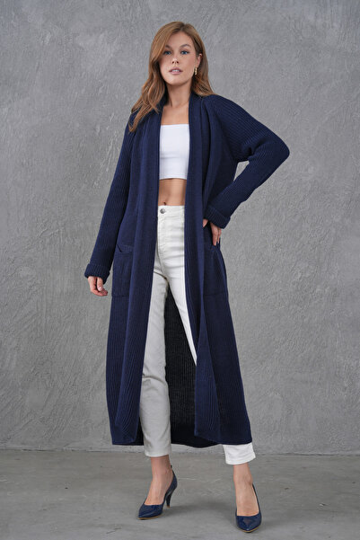 bayansepeti Navy Blue Knitwear Fabric Double Pocket Shawl Collar Long Navy Blue Cardigan 5001