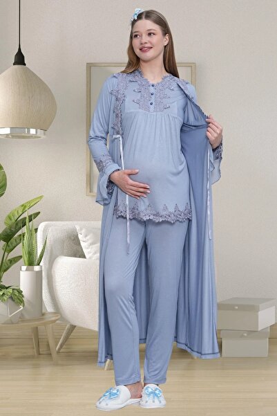 Viselya Maternity Pajama Set with Blue Dressing Gowns