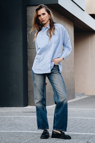 Cochines Γυναικείο πουκάμισο με μακρυμάνικο μονόχρωμο ριγέ μπλε λευκό χρώμα με μία τσέπη