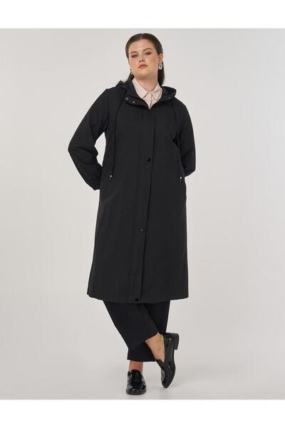 Kayra Kapüşonlu Uzun Trençkot Siyah