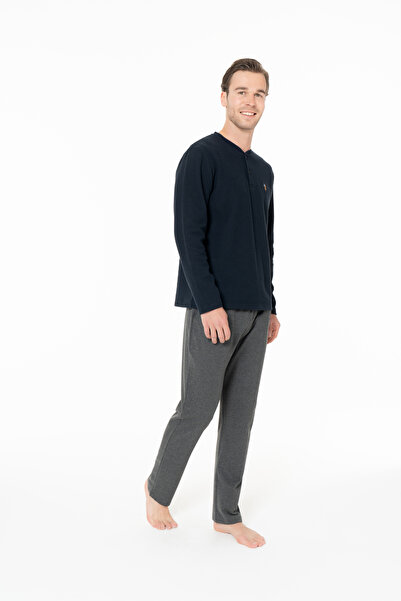 U.S. Polo Assn. Erkek Yaka Patlı Düz Paça Lacivert Pijama Takımı - Lacivert - ASTPS18Z96C6-FLAC