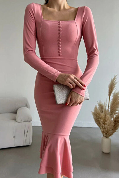 Arden Pencil Dress, Midi Fishtail Long Sleeve, Flounced Powder Crepe Cocktail Dress, Invitation, Graduation, S m L