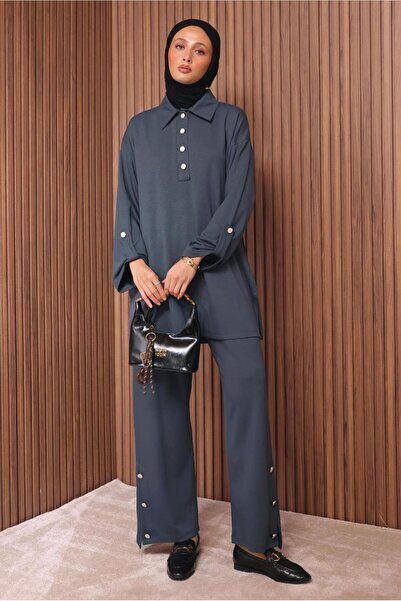 TRENDTESETTÜR Women's Gray (Anthracite) Button-Detail Pants Suit t 7035