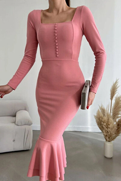 Arden Pencil Dress, Midi Fishtail Long Sleeve, Flounced Powder Crepe Cocktail Dress, Invitation, Graduation, S m L