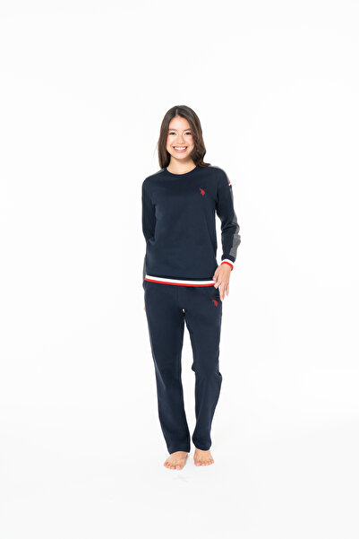 U.S. Polo Assn. Women's Rubber Sleeve Long Home Wear Navy Blue 100% Cotton Pl...