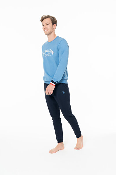 U.S. Polo Assn. Erkek %100 Pamuklu Bisiklet Yaka Mavi Ev Stil Pijama Takımı - Mavi - SELKR18K94Y3-MMAVI