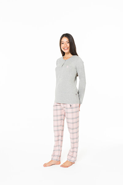 U.S. Polo Assn. Women's Gray Crew Neck Checkered Patterned Bottom Set Home Wear - Gray - Sreia20Q16K9-Egri