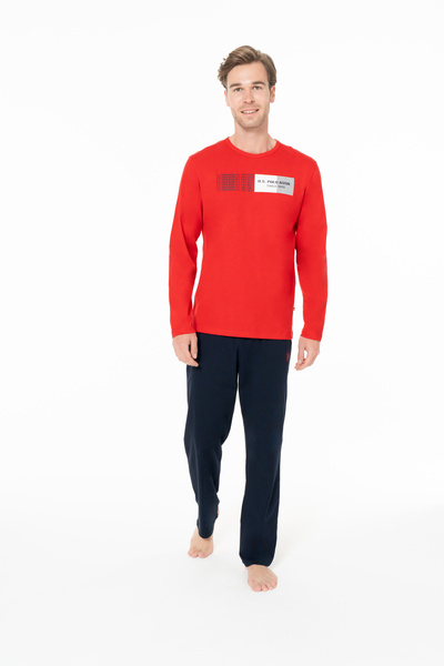 U.S. Polo Assn. Men's Basic Printed Crew Neck Red Pajama Set 100% Cotton - Red - Ilc2.18A94E5-Ikir