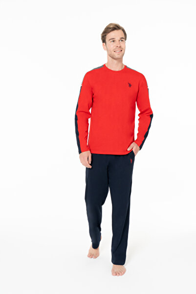 U.S. Polo Assn. Erkek Kol Şerit Çizgili Bisiklet Yaka Kırmızı Pijama Seti %100 Pamuk - Kırmızı - SELKR18C95I7-OKIR