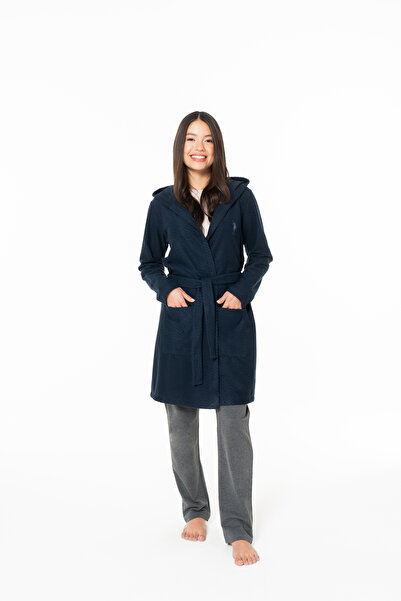 U.S. Polo Assn. Women's Belted Hooded Navy Blue Dressing Gown - Navy Blue - Ilc2.20Y12A7-Clac