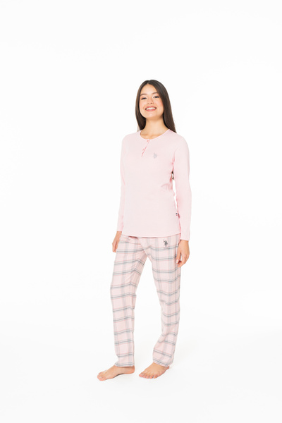 U.S. Polo Assn. Women's Pink Crew Neck Check Patterned Bottom Set Home Wear - Pink - Ilc2.20U16S9-Qpem