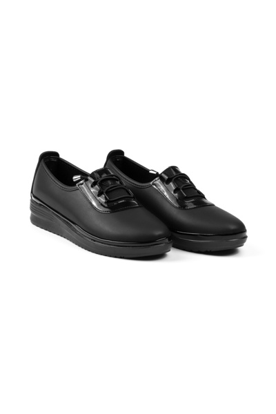 KAJILA Women's Black Patent Leather Detailed Orthopedic Mother Shoes - Comfortable Non-Slip Sole, Lace-Up Daily Walking Shoes