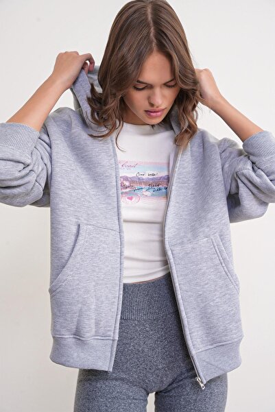 Mixray 2023 Unisex 3-Thread Basic Fleece Φούτερ με φερμουάρ και κουκούλα γκρι