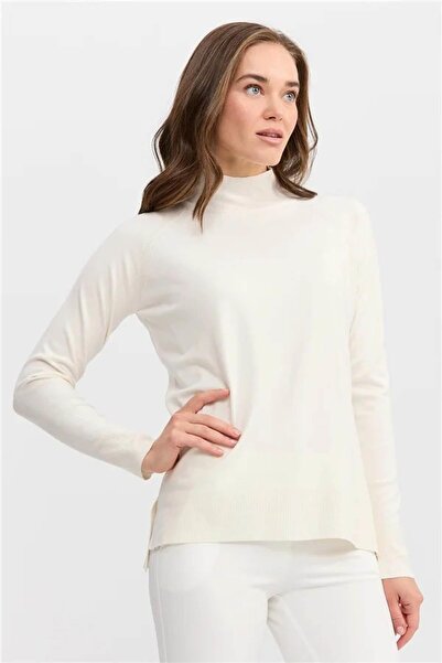 Desen Triko Women's Half Turtleneck Sweater with Slit Sleeves Bone