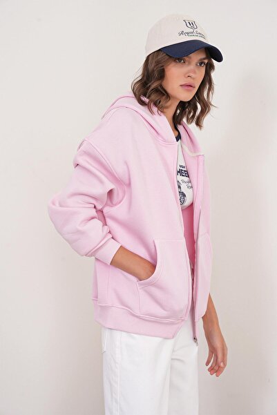 Mixray 2023 Unisex 3-Thread Basic Fleece με φερμουάρ Φούτερ με κουκούλα ροζ