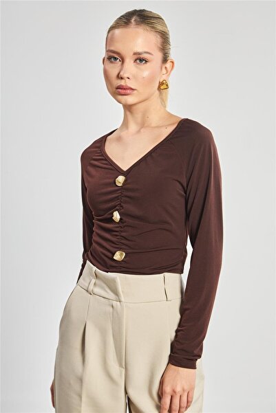BARRELS AND OIL Women's V-Neck Gold Buttoned Blouse - Brown