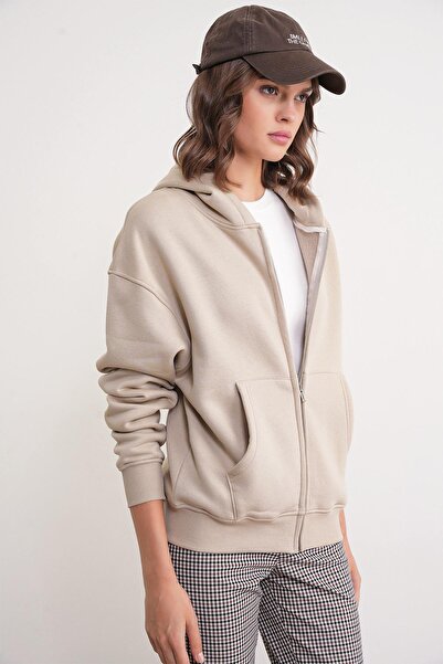 Mixray 2023 Unisex 3-Thread Basic Fleece με φερμουάρ Φούτερ με κουκούλα μπεζ