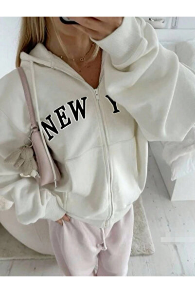 COHERENT Unisex Cardigan Newyork Special Printed Winter Oversize Hooded Zippered Pocket Detailed Cardigan